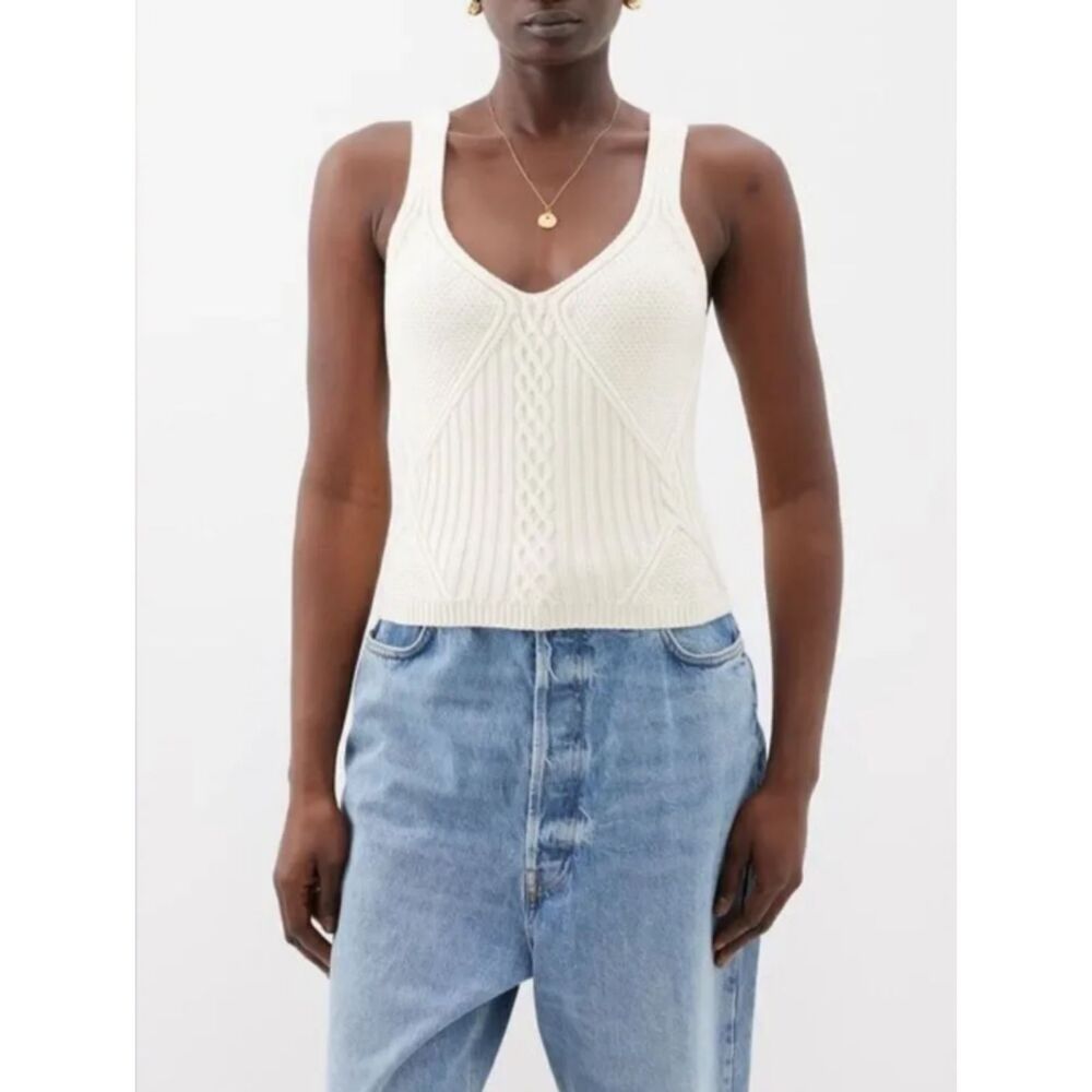 LA LIGNE Cable Knit Marlow Organic Cotton Tank Top L Cream Cotton V-Neck Ribbed